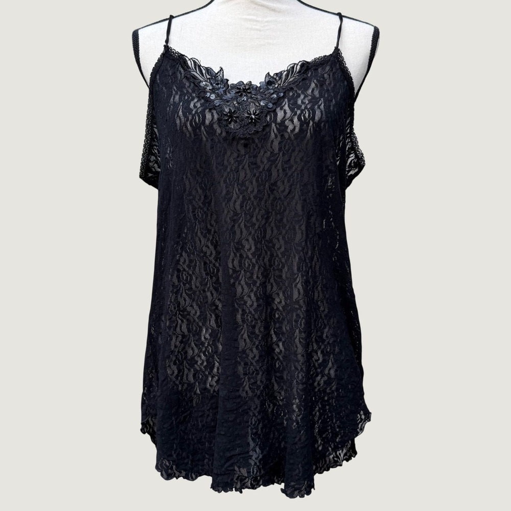 Cinema Etoile Black Lace Camisole Top Sequin Beaded V-Neck Large
